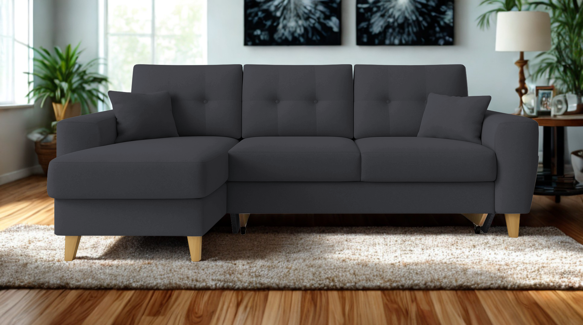 Fiona γωνιακός καναπές κρεβάτι 235x160x82εκ. με αποθηκευτικό χώρο Γκρι σκούρο με αναστρέψιμη γωνία