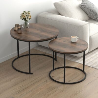 Τραπεζάκι σαλονιού σετ 2 τμχ Hilal Megapap χρώμα καπνιστή καρυδιά Ø66x49,5εκ.