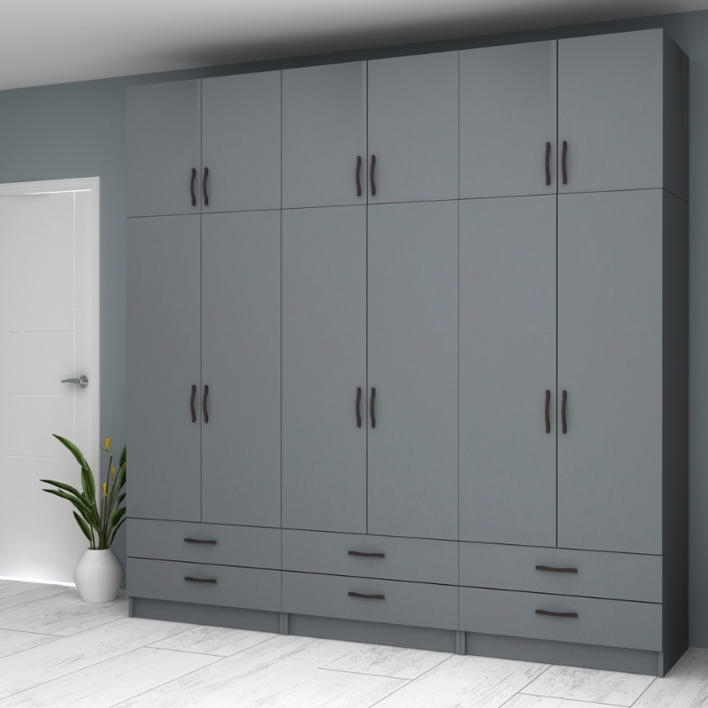 Ντουλάπα ρούχων Ricardo Megapap εξάφυλλη με πατάρι και συρτάρια χρώμα ανθρακί 240x51,8x240εκ. - Image 3