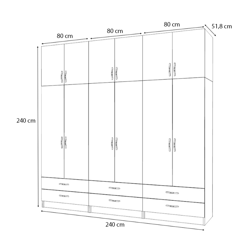 Ντουλάπα ρούχων Ricardo Megapap εξάφυλλη με πατάρι και συρτάρια χρώμα ανθρακί 240x51,8x240εκ. - Image 4