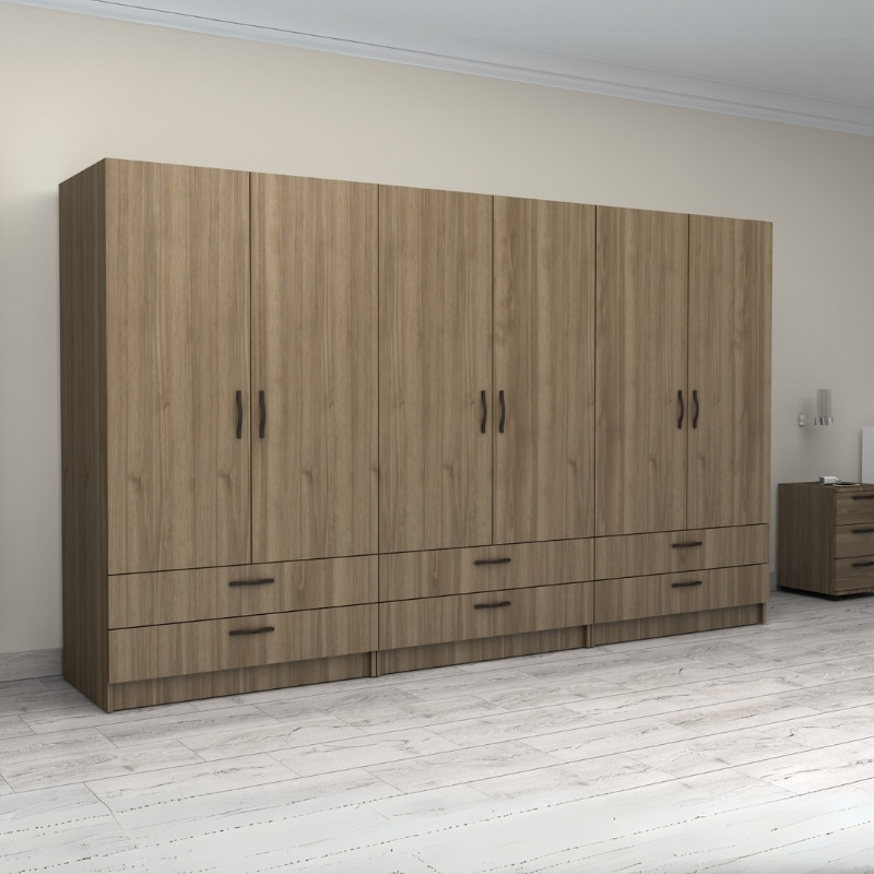 Ντουλάπα ρούχων Victoria Megapap εξάφυλλη με συρτάρια χρώμα καρυδί 300x60x181εκ. - Image 3