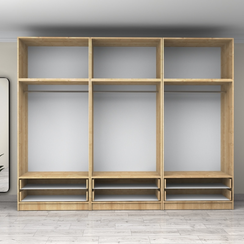 Ντουλάπα ρούχων Victoria Megapap εξάφυλλη με πατάρι και συρτάρια χρώμα φυσικό οξιάς 300x60x240εκ. - Image 2