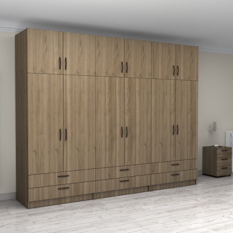 Ντουλάπα ρούχων Victoria Megapap εξάφυλλη με πατάρι και συρτάρια χρώμα καρυδί 300x60x240εκ. - Image 3