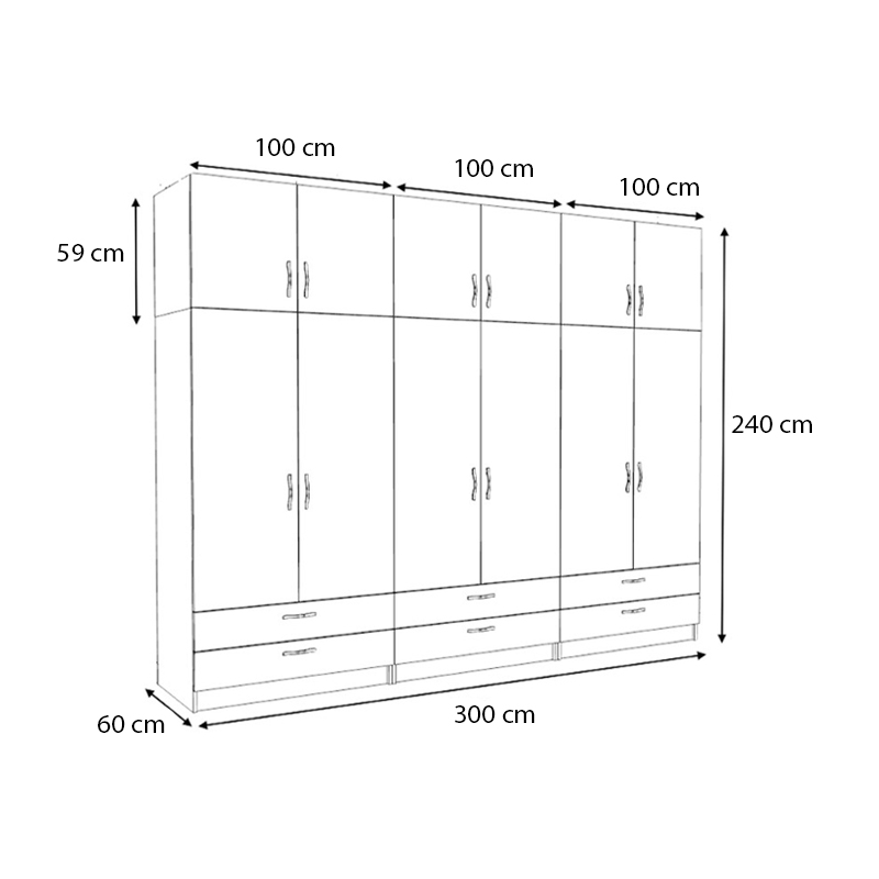 Ντουλάπα ρούχων Victoria Megapap εξάφυλλη με πατάρι και συρτάρια χρώμα καρυδί 300x60x240εκ. - Image 4