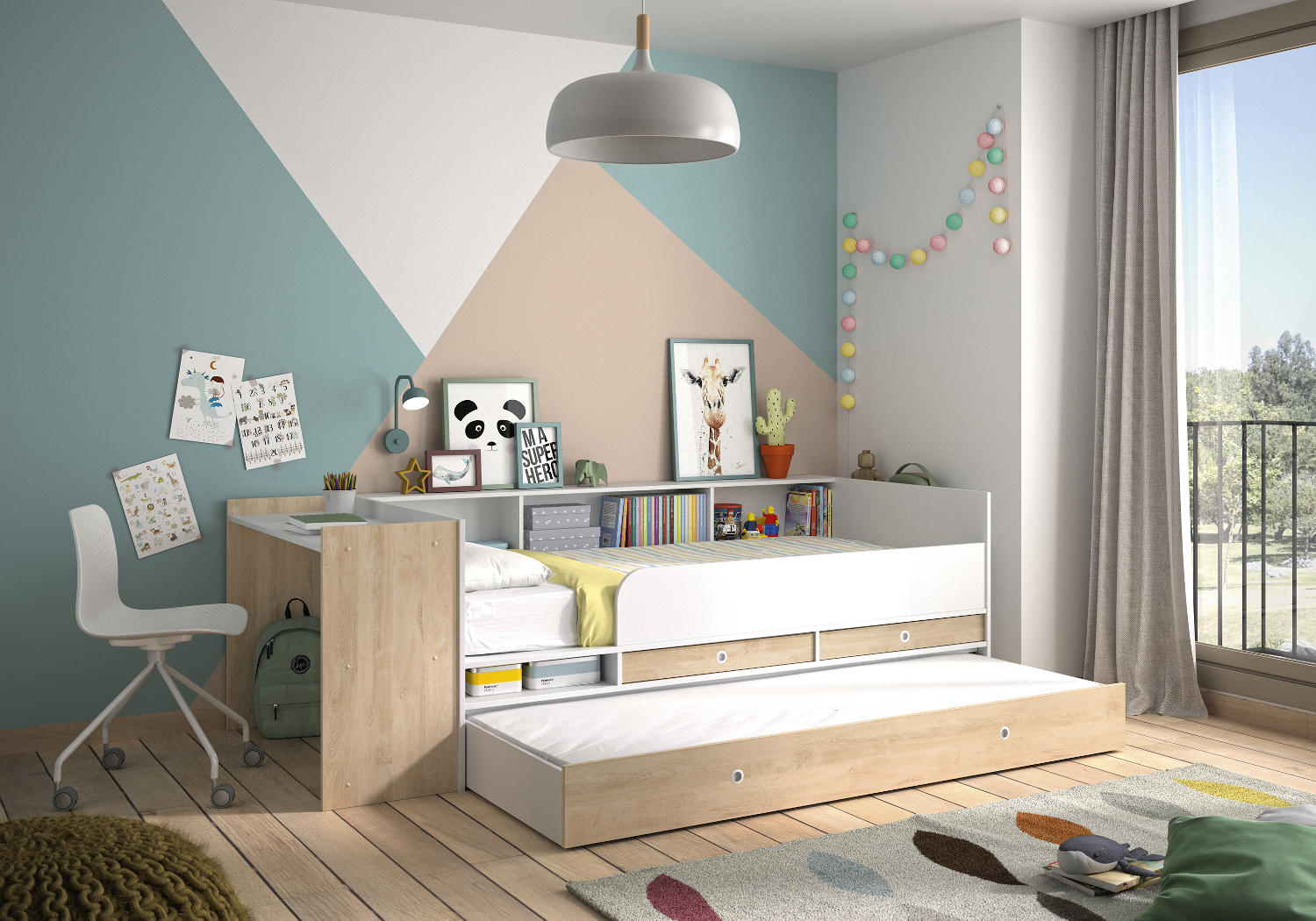 Ewen Κρεβάτι πολυμορφικό μετατρεπόμενο 244/259x110x79εκ. ( για στρώμα 90x140/200εκ. ) με αποθηκευτικούς χώρους και γραφείο Blond Oak / Λευκό - Image 2