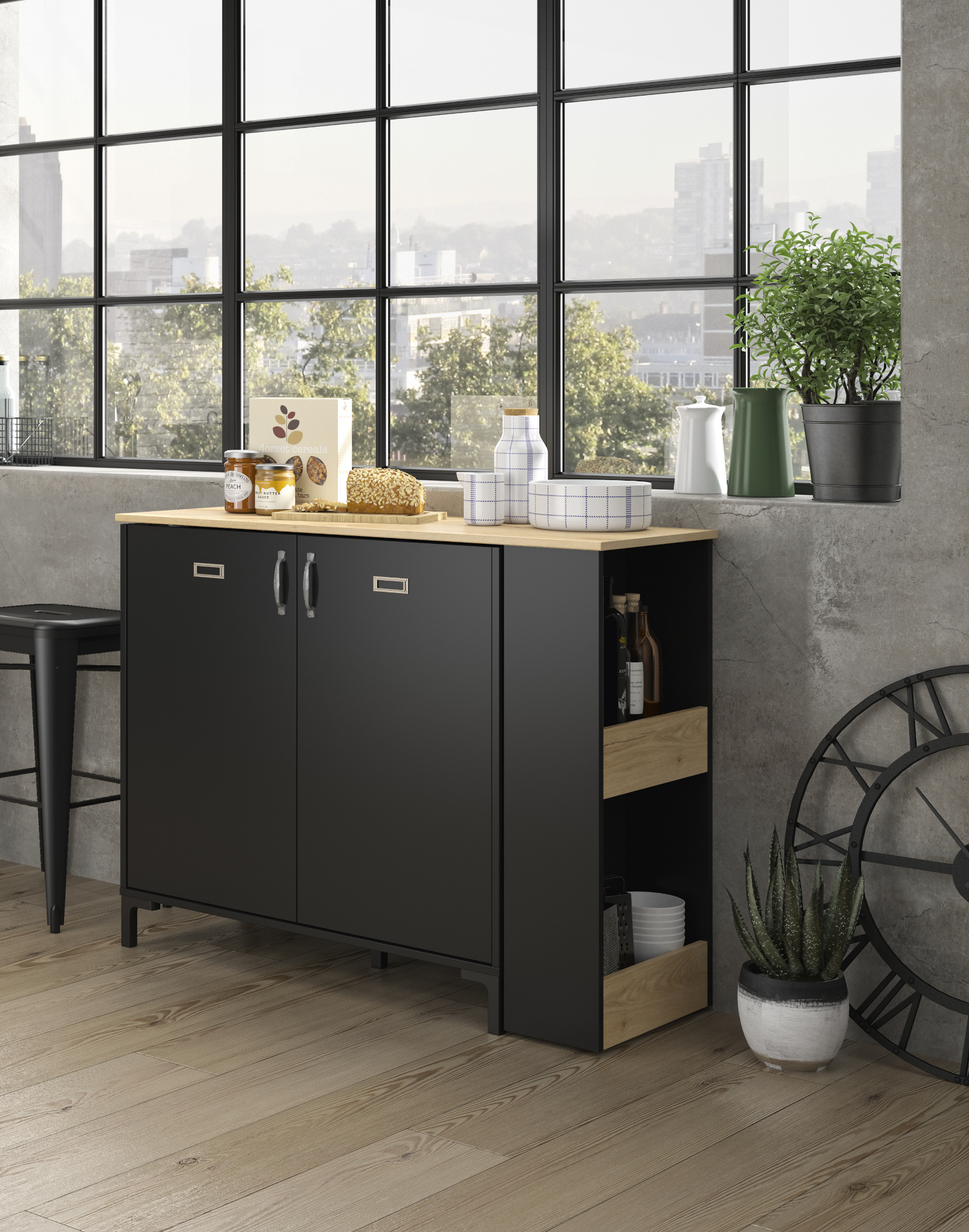 Manchester τραπέζι ψηλό bar / κονσόλα 115x45x93εκ. ( 94x136x93εκ. ) Helvezia Oak / Black - Image 2