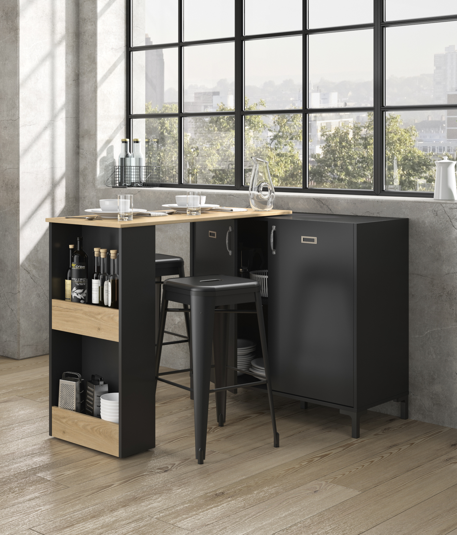 Manchester τραπέζι ψηλό bar / κονσόλα 115x45x93εκ. ( 94x136x93εκ. ) Helvezia Oak / Black