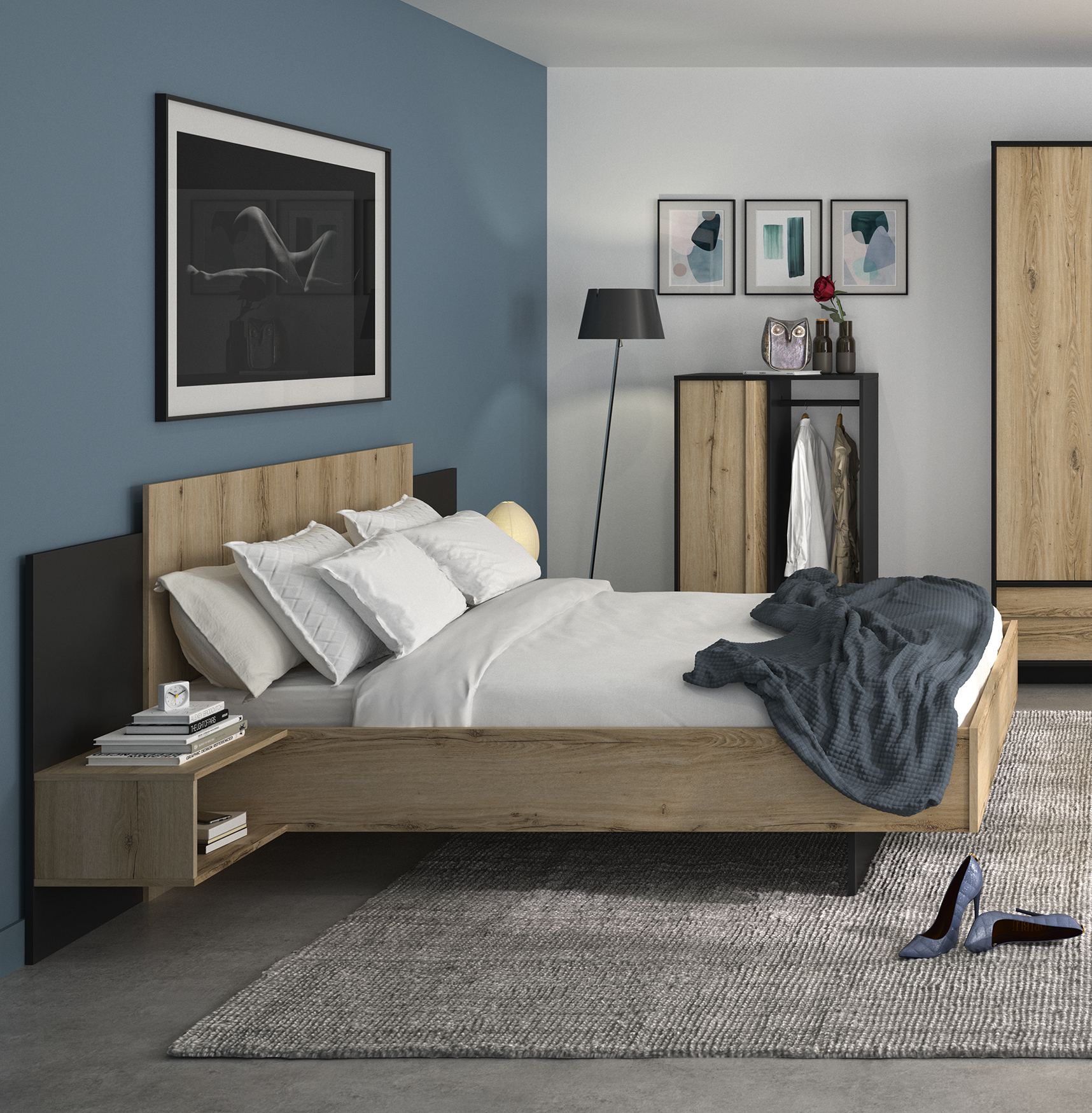 Mimizan Κρεβάτι με δύο κρεμαστά κομοδίνα 255x206εκ. ( για στρώμα 160x200εκ. ) Helvezia Oak / Black