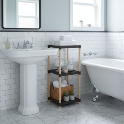 Ραφιέρα δαπέδου πλαστική - ξύλινη χρώμα φυσικό - μαύρο 28x25x72εκ.