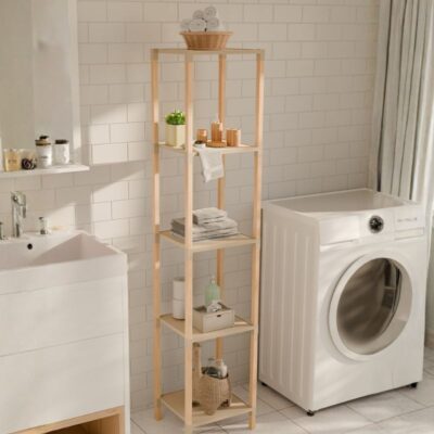 Ραφιέρα δαπέδου πλαστική - ξύλινη χρώμα φυσικό - μπεζ 28x25x137εκ.