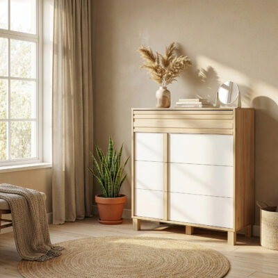 Aria συρταριέρα με 4 συρτάρια 94x41x107εκ. Natural Chestnut / Λευκό