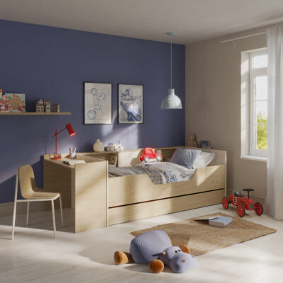 Baya κρεβάτι πολυμορφικό μετατρεπόμενο 	259/244x110x79εκ. ( για στρώμα 90x140/200εκ. ) με αποθηκευτικό συρτάρι και γραφείο Rookwood Oak / Greige