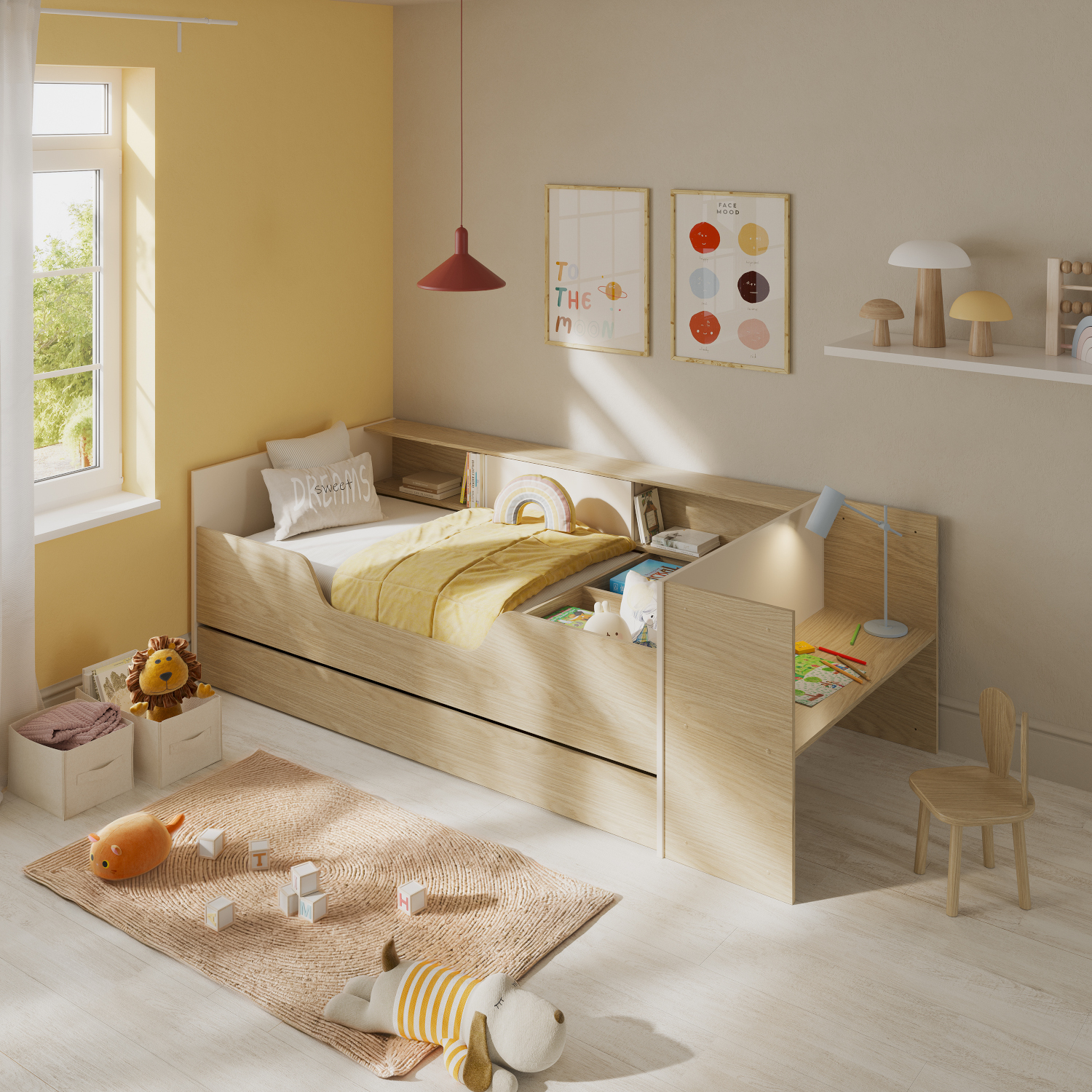 Baya κρεβάτι πολυμορφικό μετατρεπόμενο 259/244x110x79εκ. ( για στρώμα 90x140/200εκ. ) με αποθηκευτικό συρτάρι και γραφείο Rookwood Oak / Greige - Image 2