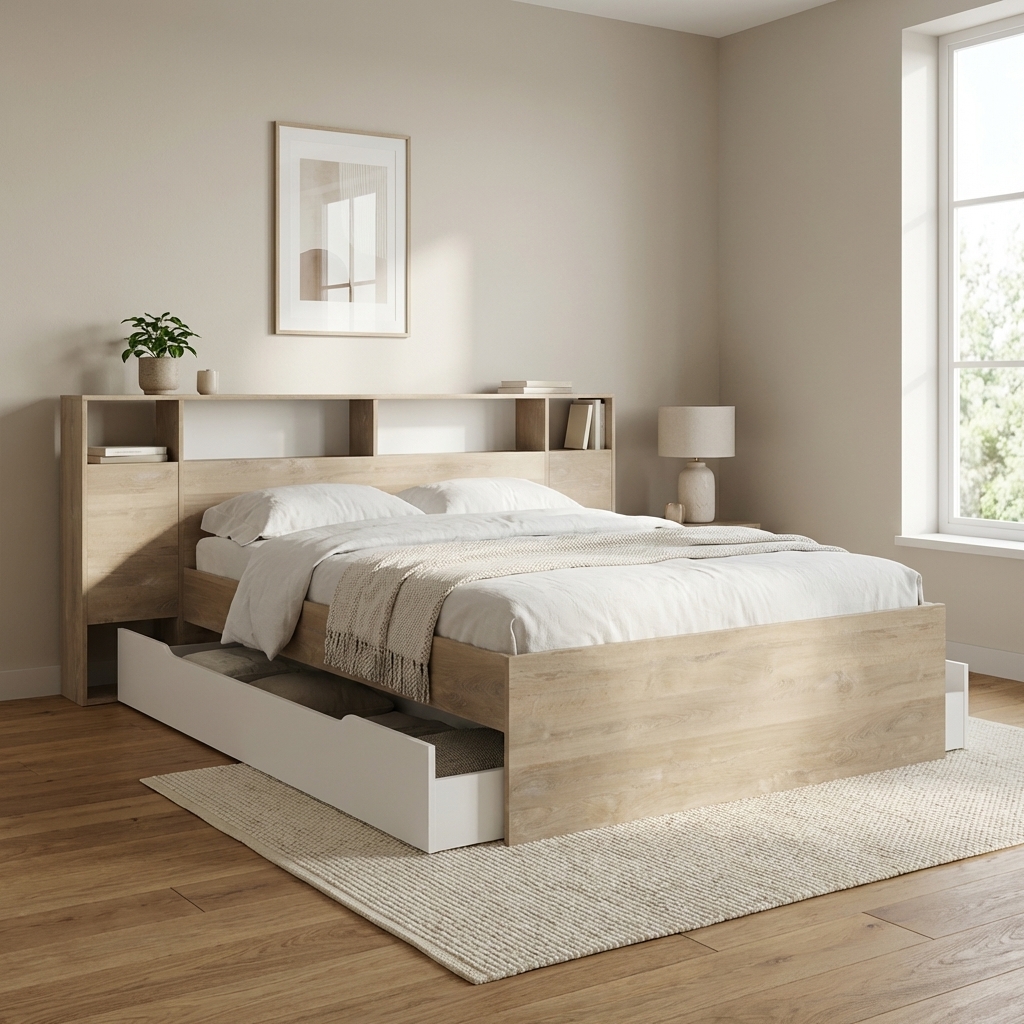 Solea κρεβάτι διπλό με 2 αποθηκευτικά συρτάρια & 2 πτυσσόμενα ράφια για κομοδίνα 214x214x97εκ. ( για στρώμα 140x190εκ. ) Blond Oak / Λευκό - Image 2