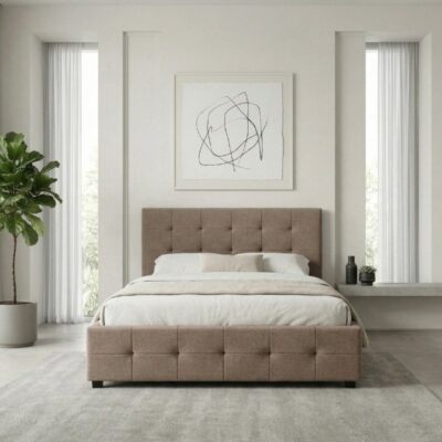 Κρεβάτι Iro Megapap υφασμάτινο με αποθηκευτικό χώρο χρώμα μπεζ - καφέ 160x200εκ.