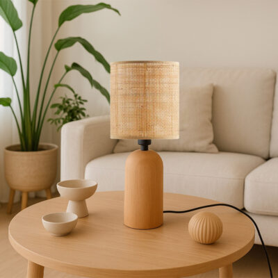 Φωτιστικό επιτραπέζιο Cora Megapap E14 ξύλινο - pe rattan χρώμα φυσικό Ø15x35εκ.