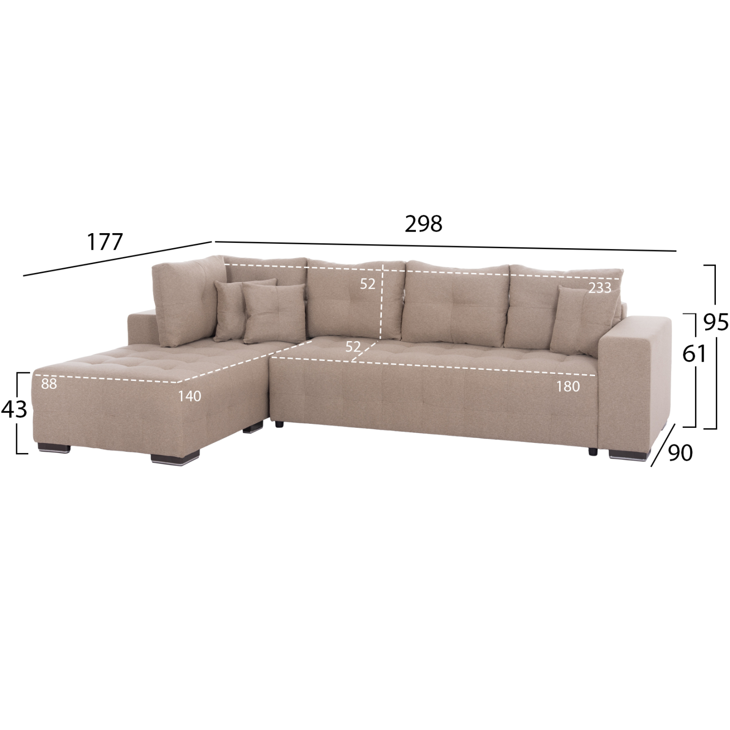 ΓΩΝΙΑΚΟΣ ΚΑΝΑΠΕΣ-ΚΡΕΒΑΤΙ ΜΕ ΑΠΟΘ.ΧΩΡΟ TRENDSTON HM3302.03L ΜΠΕΖ ΥΦΑΣΜΑ 298x177x95Υεκ - Image 2