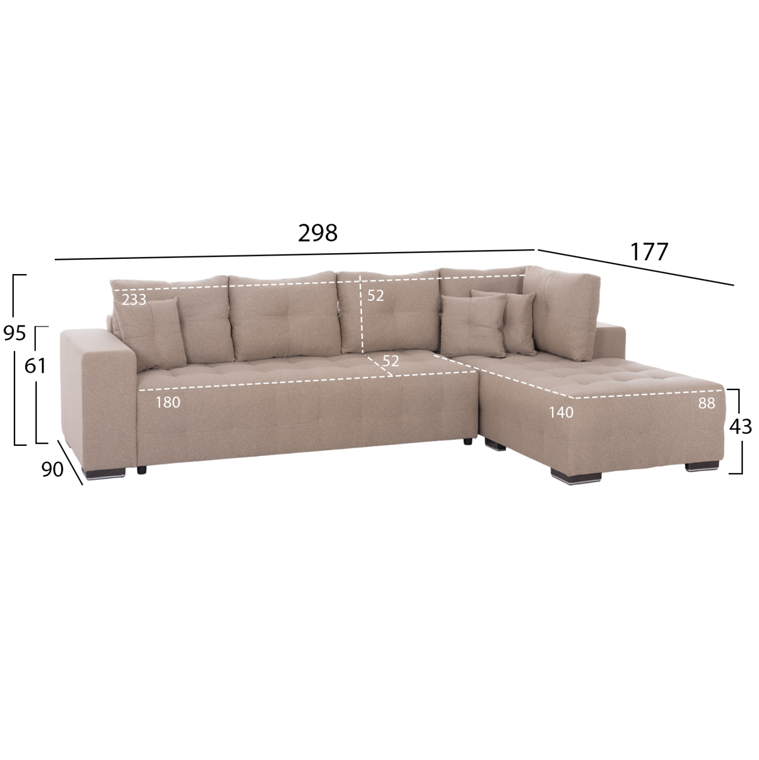 ΓΩΝΙΑΚΟΣ ΚΑΝΑΠΕΣ-ΚΡΕΒΑΤΙ ΜΕ ΑΠΟΘ.ΧΩΡΟ TRENDSTON HM3302.03R ΜΠΕΖ ΥΦΑΣΜΑ 298x177x95Υεκ - Image 2